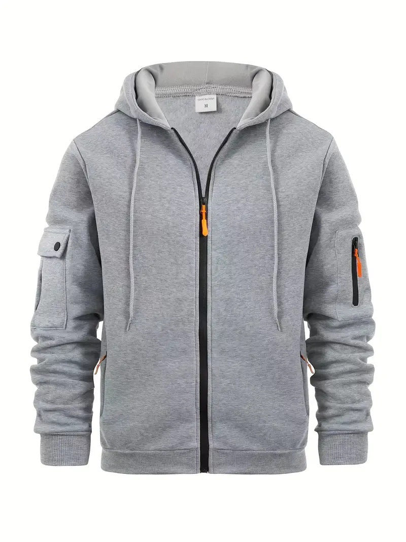Light Gray men's full-zip hoodie with drawstring hood and sleeve pockets, front view