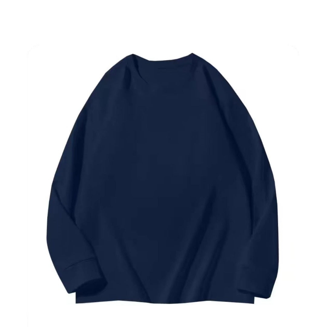Navy 400G style long-sleeve crewneck top shown flat