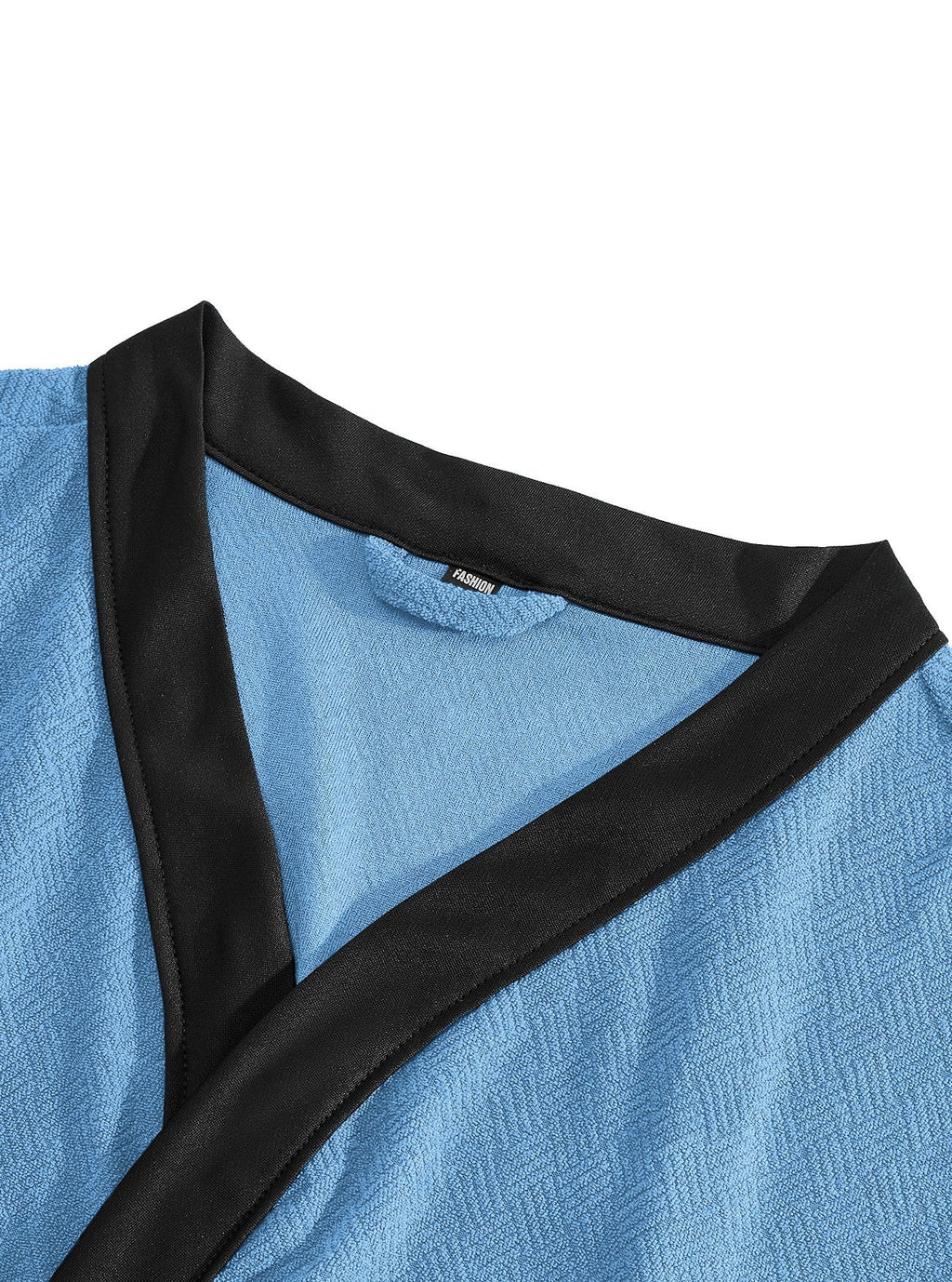 Close-up of the blue jacquard terry bathrobe neckline and black trim