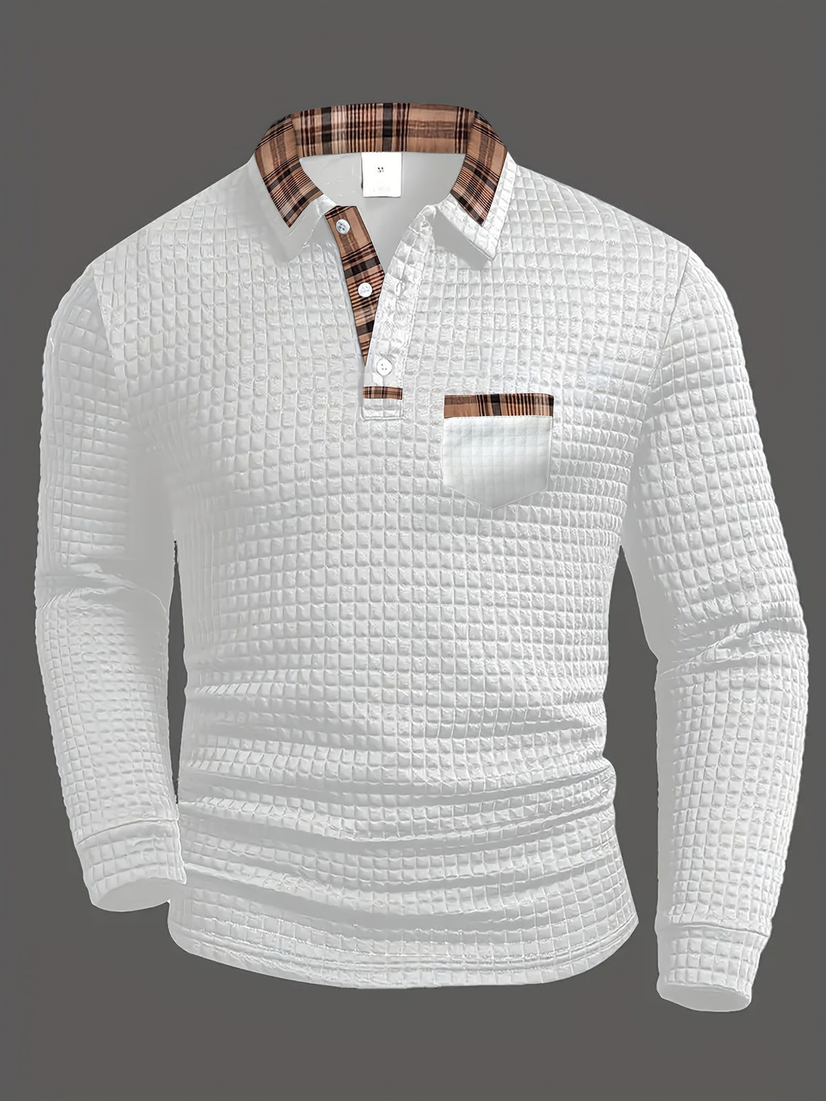AZUKI Men's Waffle-Textured Plaid-Trim Long-Sleeve Polo - White product photo