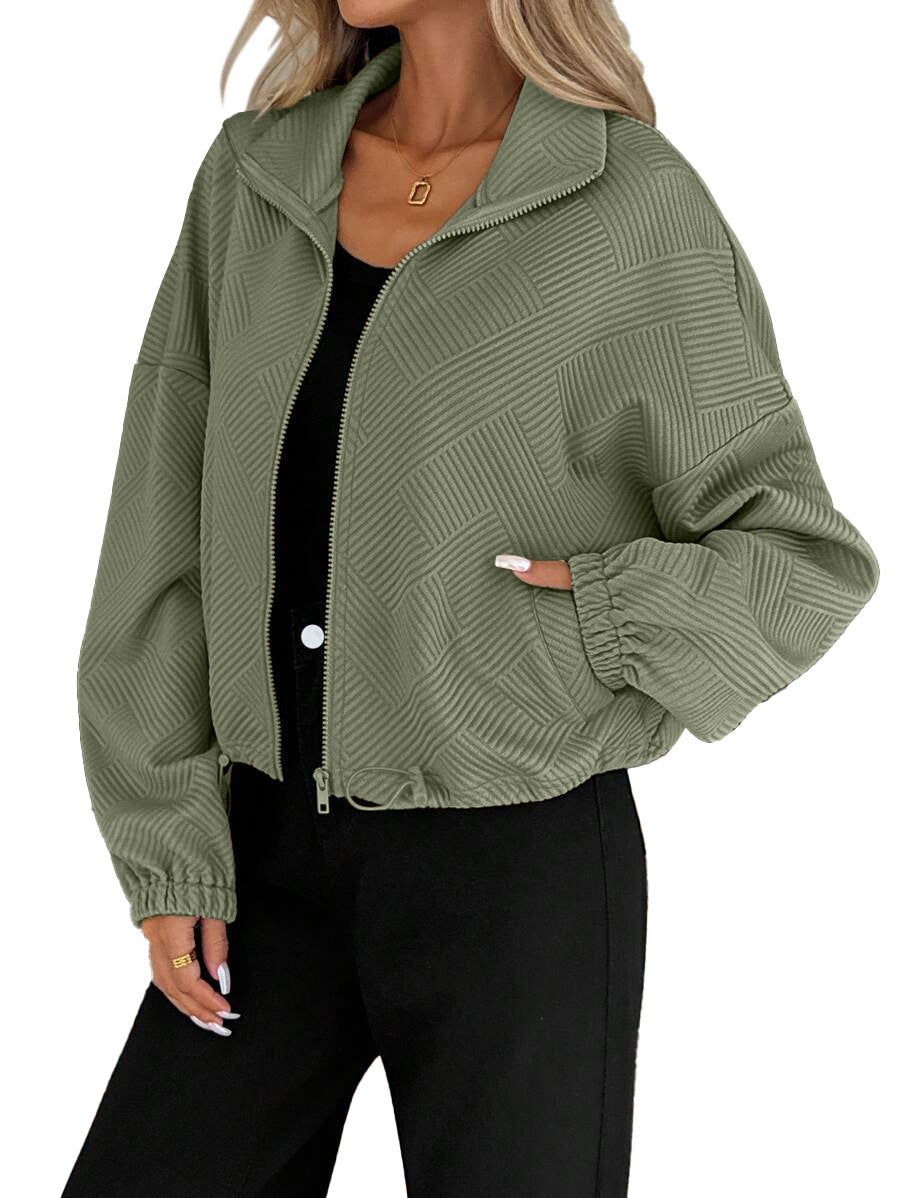 AZUKI Women's Textured Stand-Collar Zip Jacket with Drawstring Hem - Army Green product photo