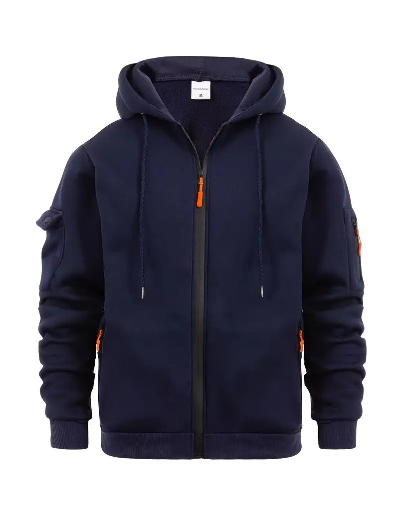 Navy men's full-zip hoodie with drawstring hood and sleeve pockets, front view