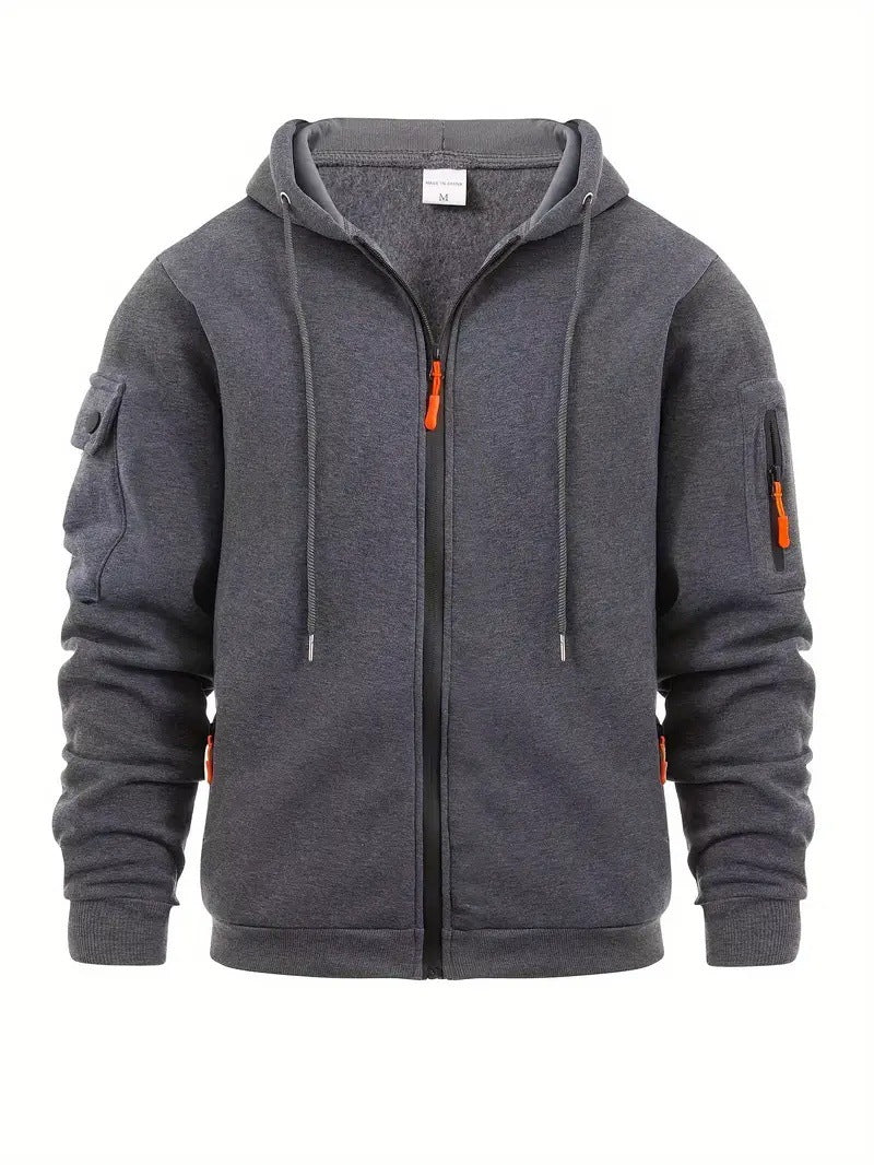 Dark Gray men's full-zip hoodie with drawstring hood and sleeve pockets, front view