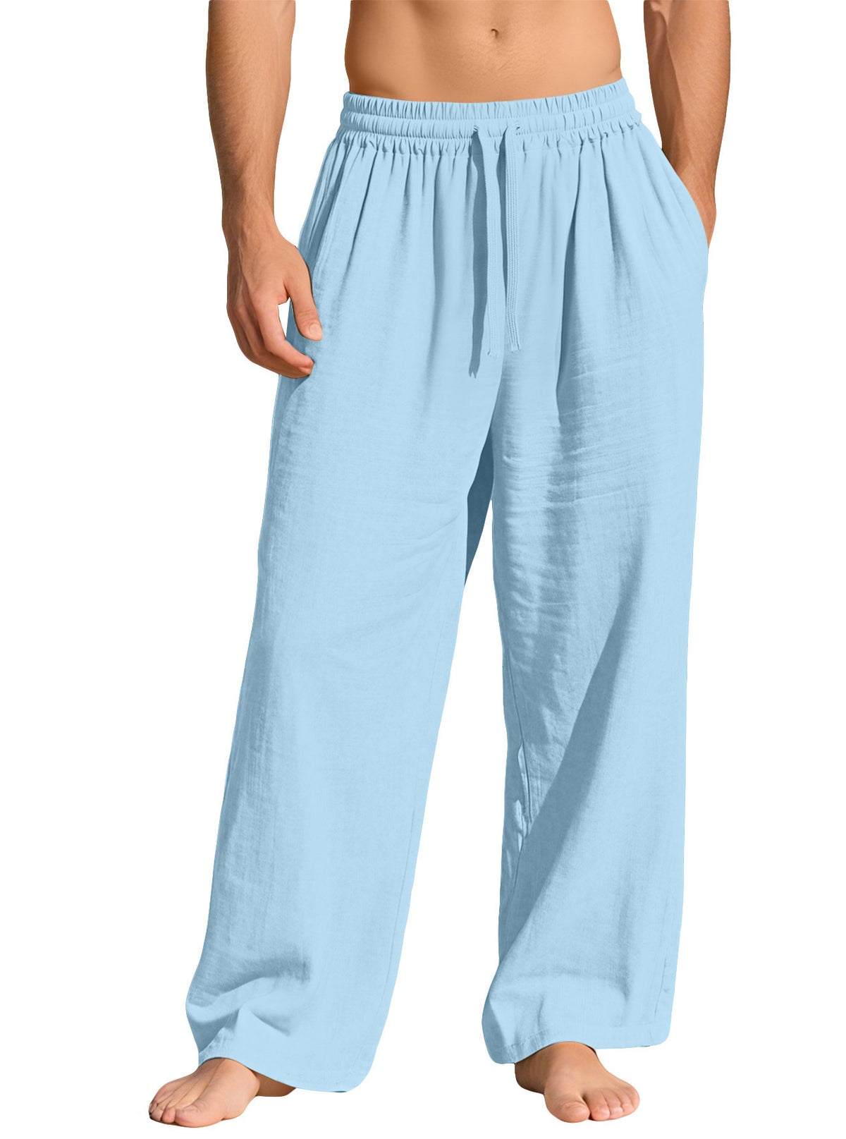 Light blue linen-blend relaxed straight-leg drawstring pants, front garment view