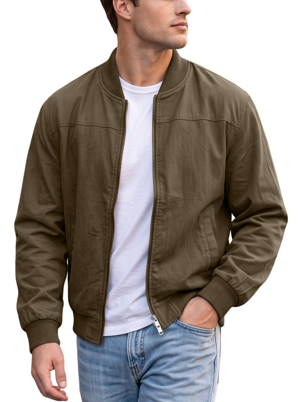 AZUKI men's olive brown bomber jacket on an adult model
