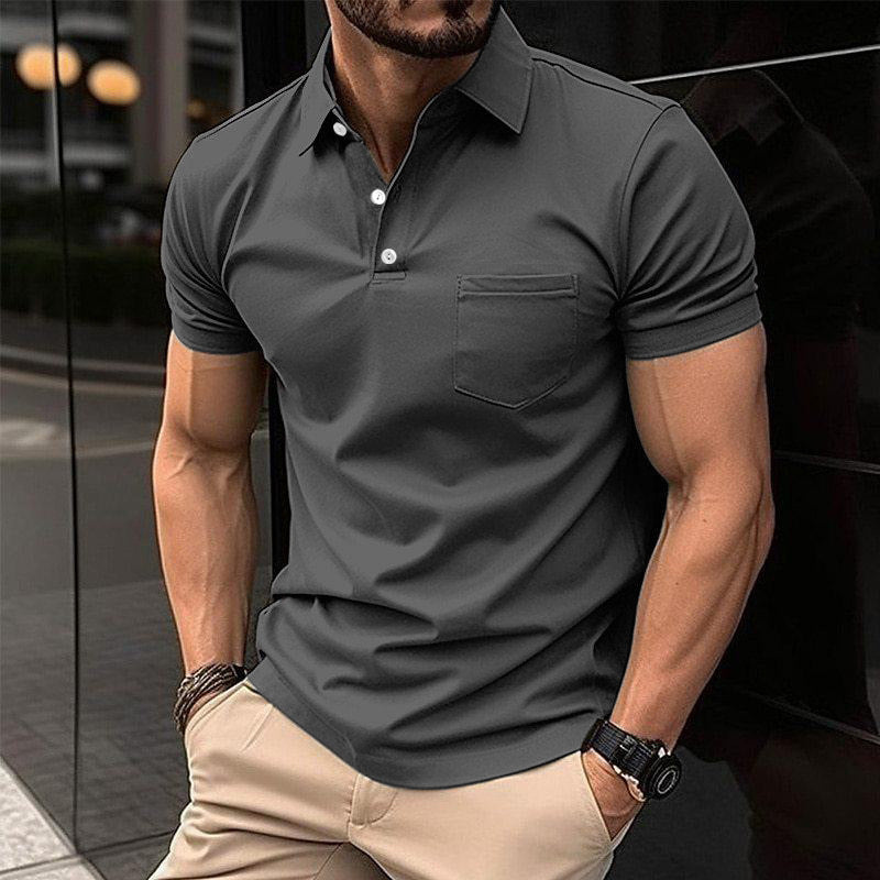AZUKI Men's Short Sleeve Button-Placket Pocket Polo Shirt - DXP-4-Gray