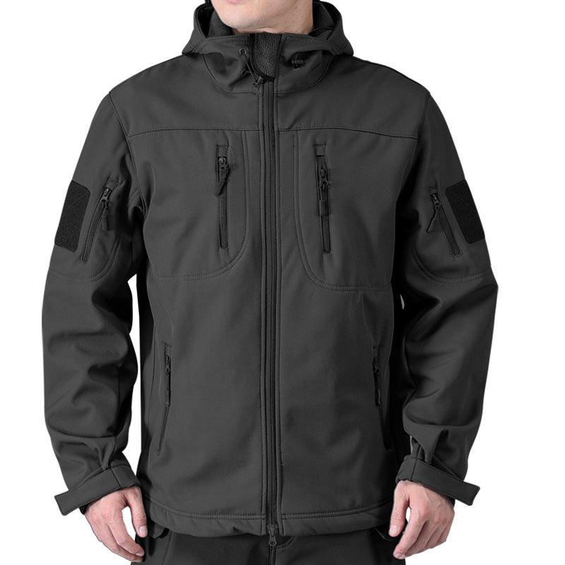 AZUKI black hooded tactical softshell jacket on an adult model, front view