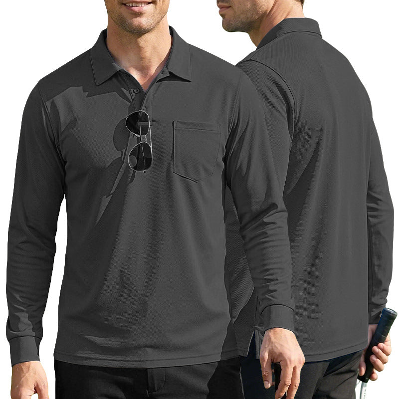 AZUKI charcoal gray long sleeve pocket polo, product color reference