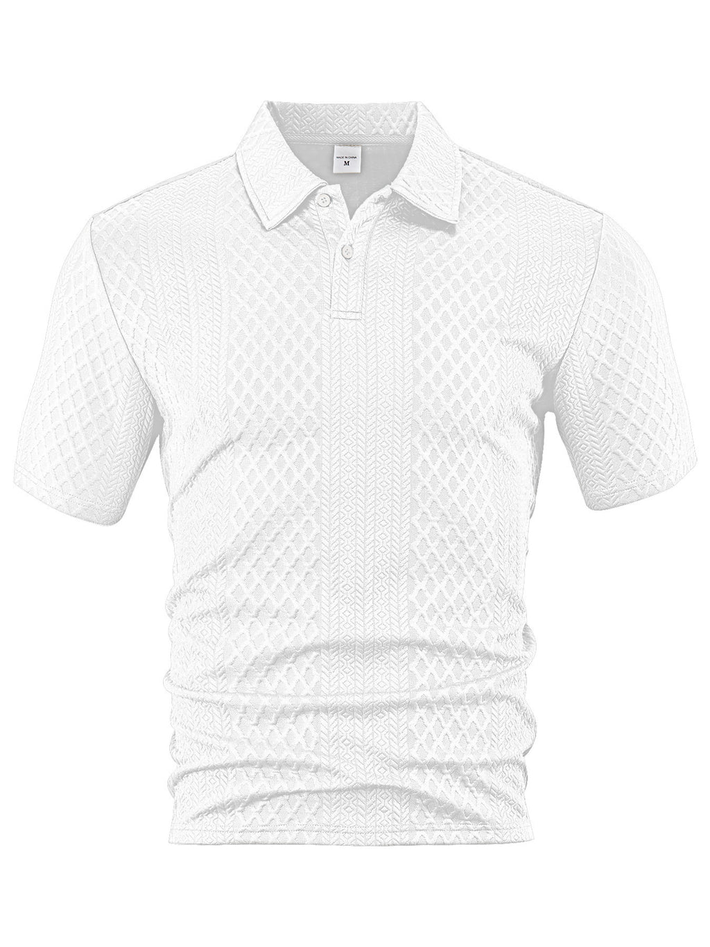 White geometric jacquard two-button polo shirt, front product view