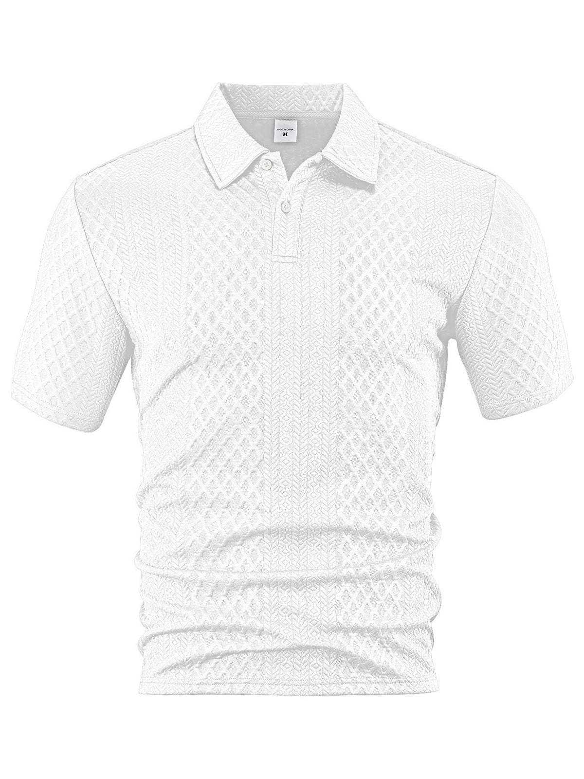 White geometric jacquard two-button polo shirt, front product view