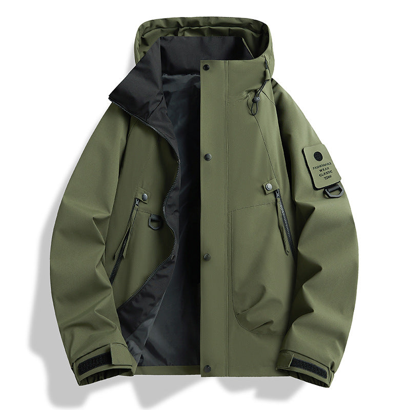 AZUKI Olive Green hooded utility jacket, front view with zip pockets