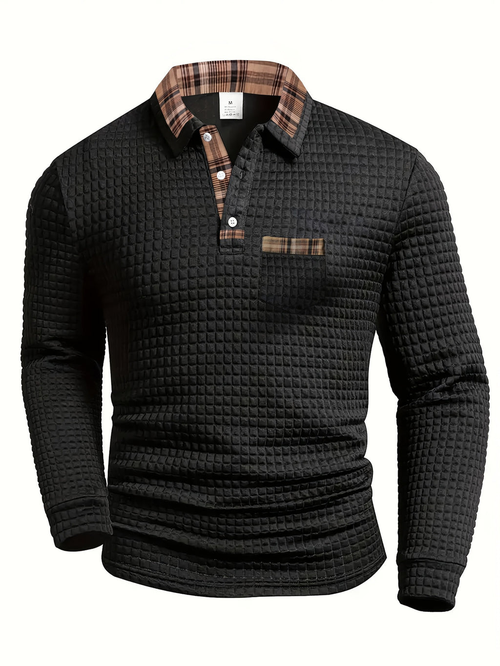 AZUKI Men's Waffle-Textured Plaid-Trim Long-Sleeve Polo - Black product photo