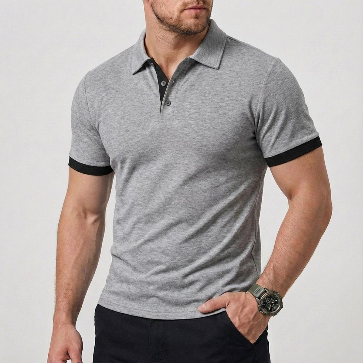 AZUKI Men's Heathered Polo Shirt with Contrast Cuffs - PDD-SDPL03-Light Gray
