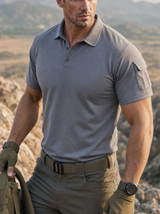 Gray short-sleeve polo on a male model, showing the button placket and upper-sleeve flap detail