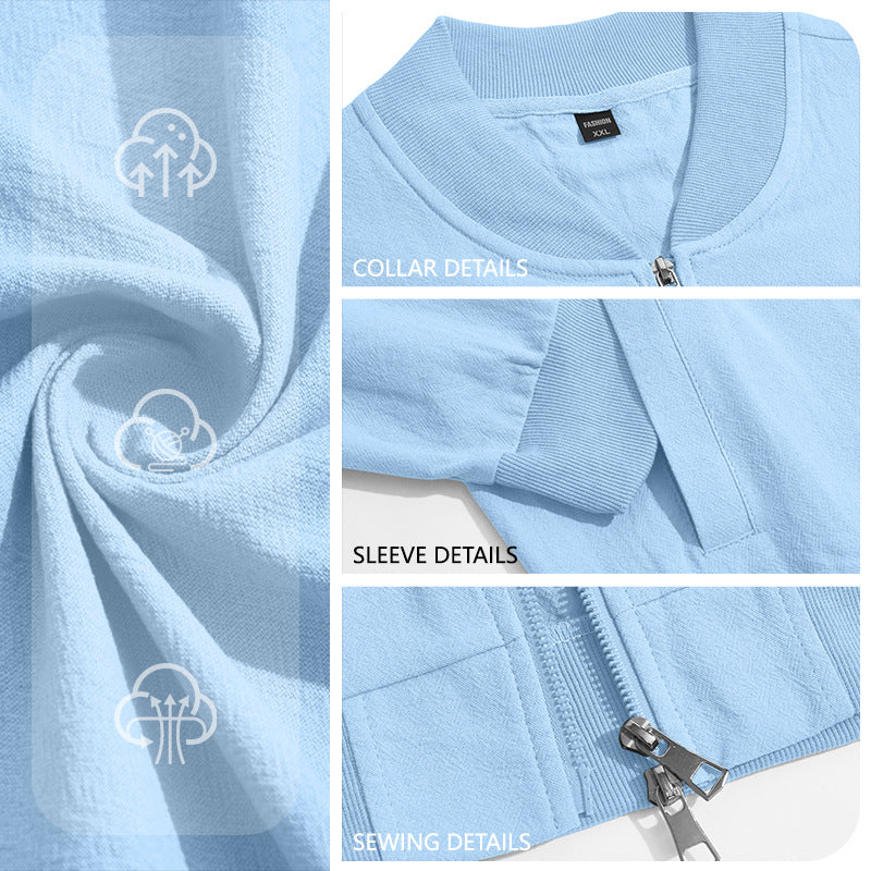 Light blue bomber jacket fabric, ribbed collar, cuff and zipper details