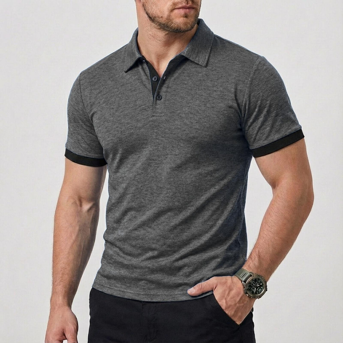 AZUKI Men's Heathered Polo Shirt with Contrast Cuffs - PDD-SDPL03-Dark Gray