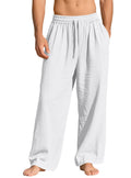White linen-blend relaxed straight-leg drawstring pants, front garment view