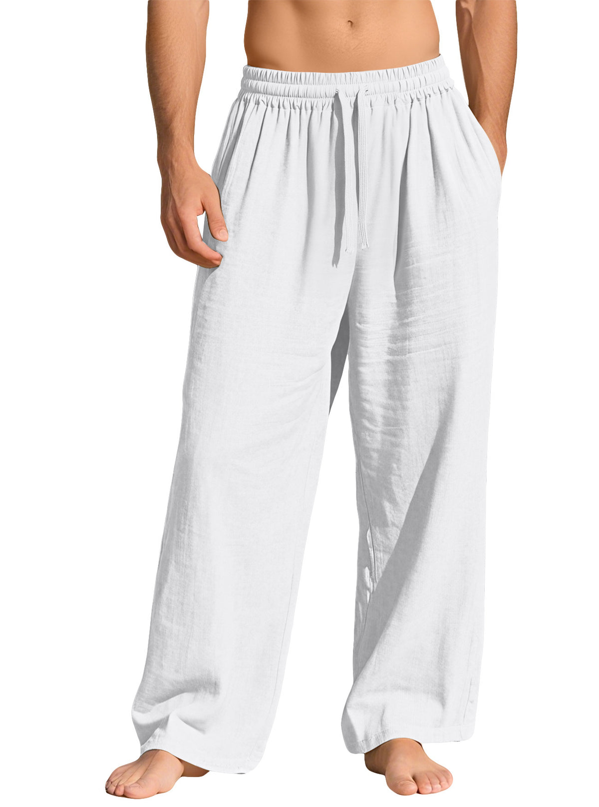 White linen-blend relaxed straight-leg drawstring pants, front garment view