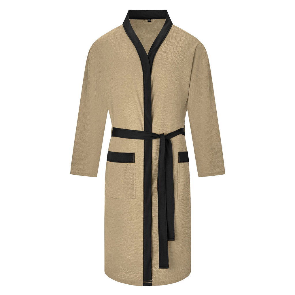 AZUKI khaki bathrobe product view with black belt and pocket trim