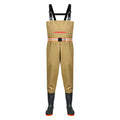 Khaki chest waders with zip pocket, striped waist belt, knee panels and black attached boots.