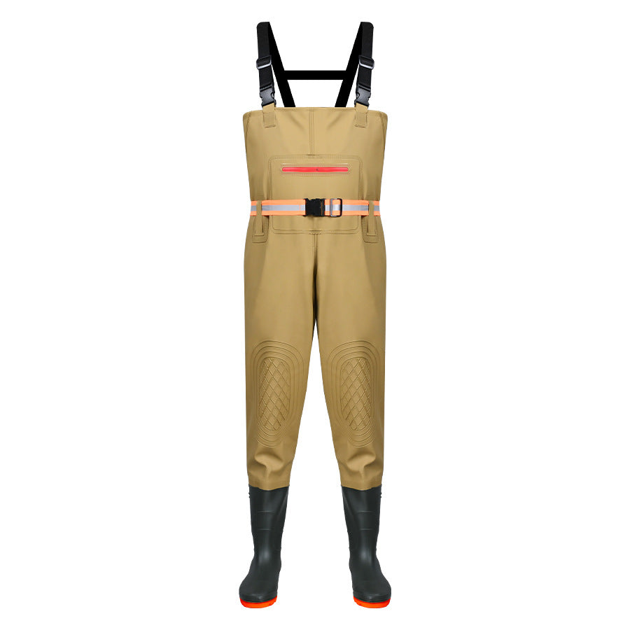 Khaki chest waders with zip pocket, striped waist belt, knee panels and black attached boots.