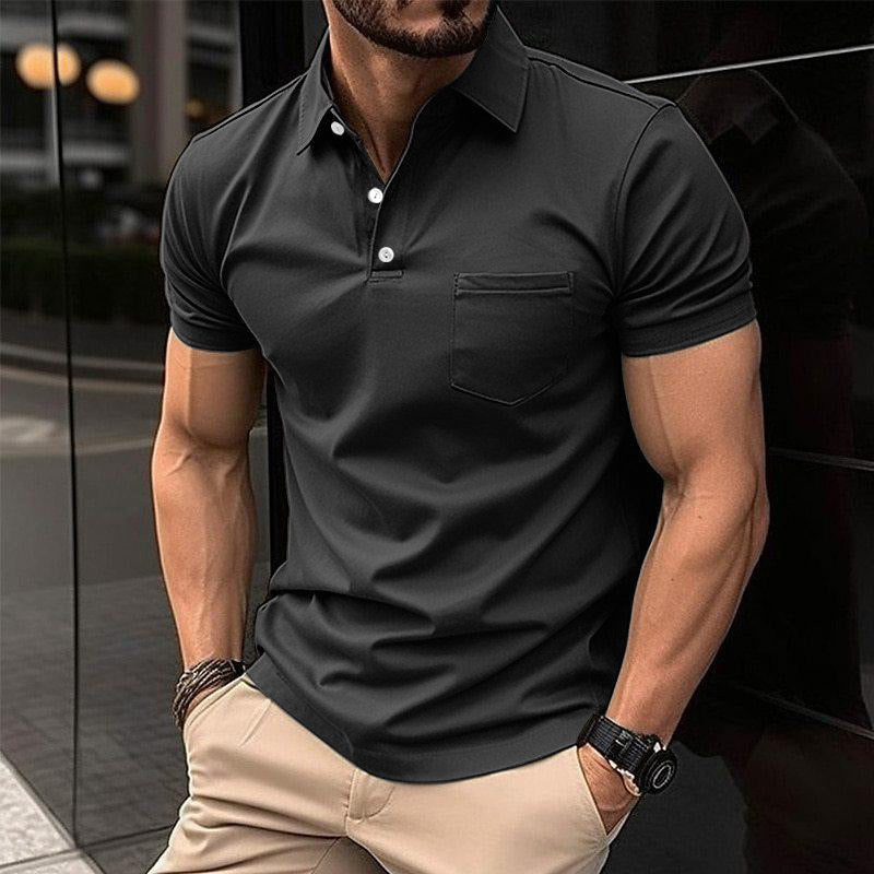 AZUKI Men's Short Sleeve Button-Placket Pocket Polo Shirt - DXP-4-Dark Gray