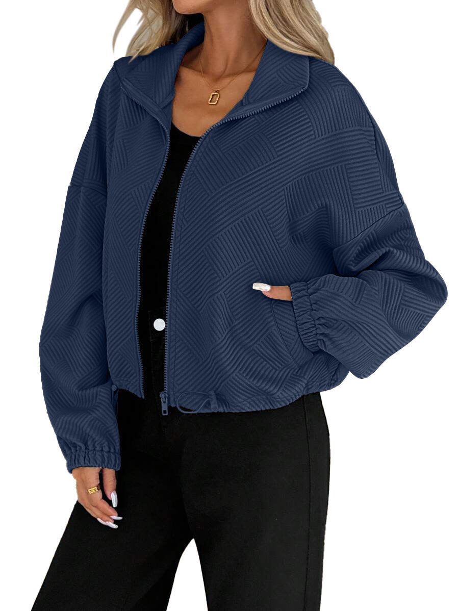 AZUKI Women's Textured Stand-Collar Zip Jacket with Drawstring Hem - Navy product photo