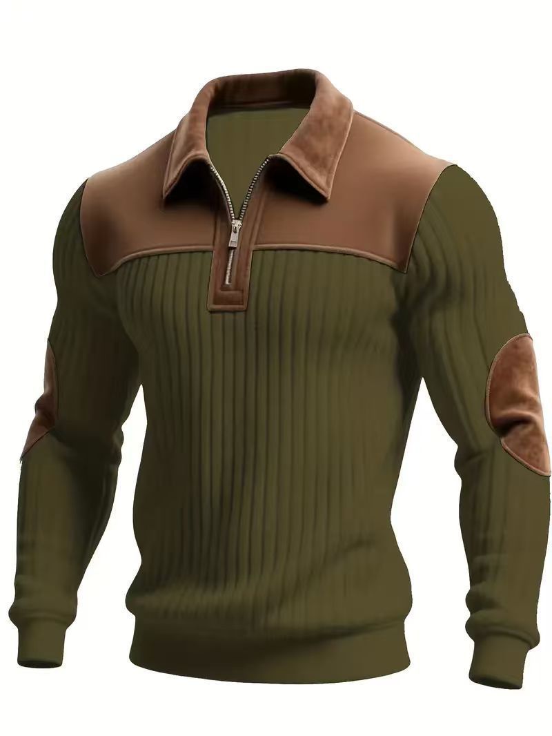 AZUKI Men's Color-Block Ribbed Long-Sleeve Half-Zip Polo - Army Green product photo