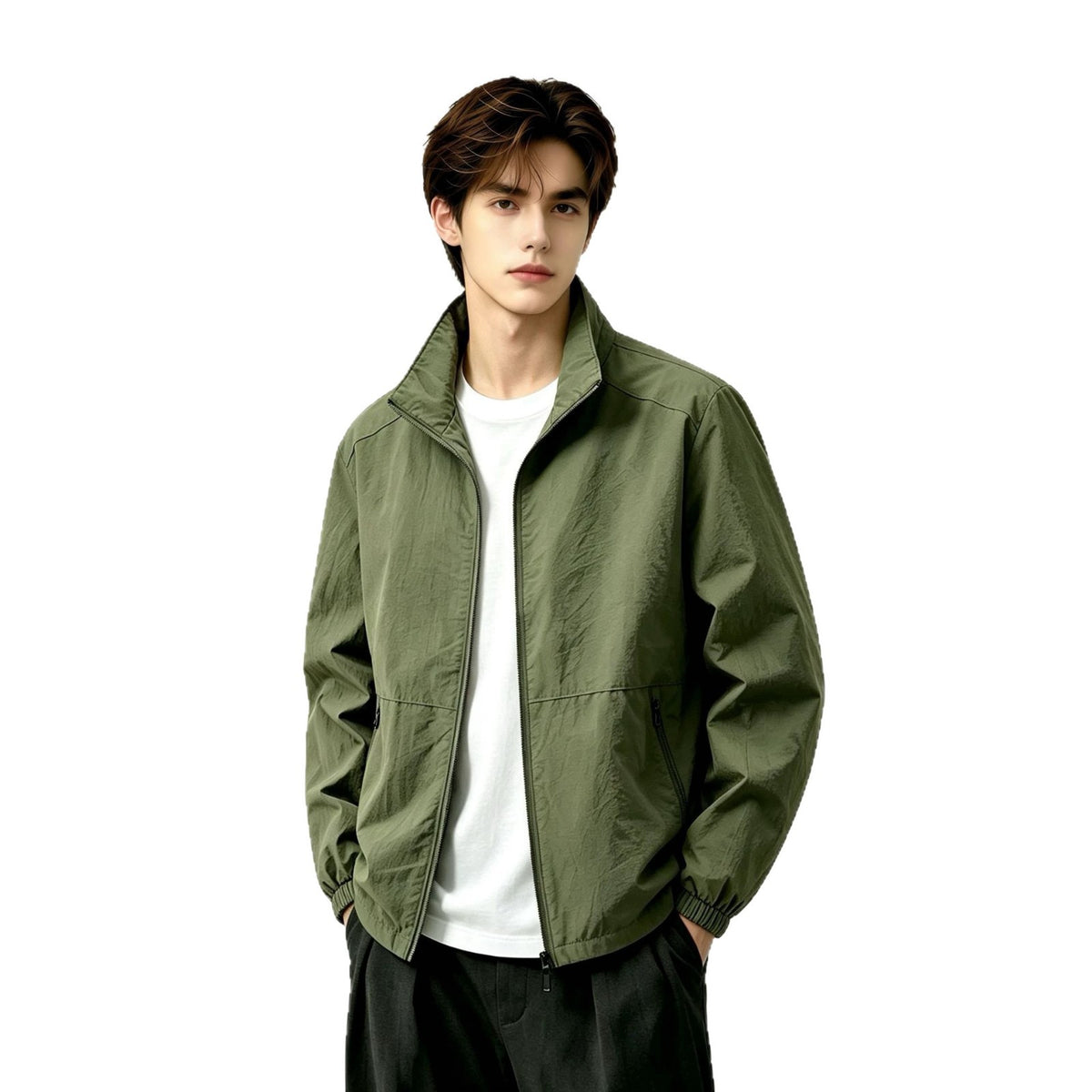 Adult model wearing the AZUKI olive green stand-collar zip jacket, front view