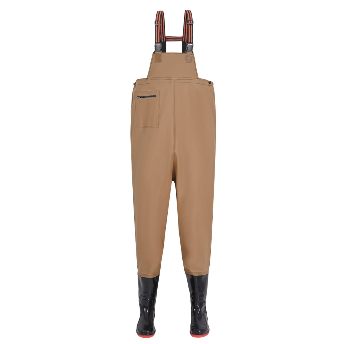 Type A khaki chest waders with stepped bib, a single side zipper pocket and black attached boots.