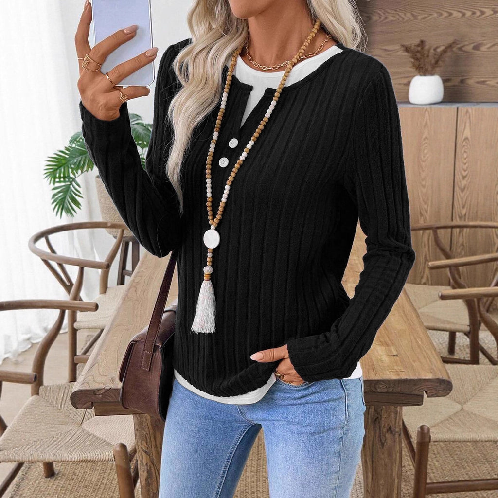 AZUKI Women's Ribbed Layered-Look Long-Sleeve Button Top product photo