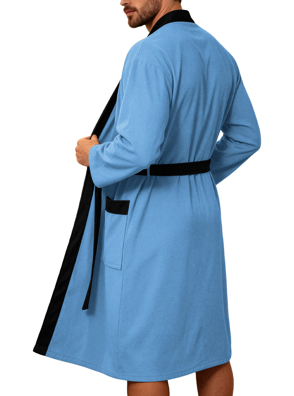 AZUKI blue bathrobe rear view worn by an adult male model