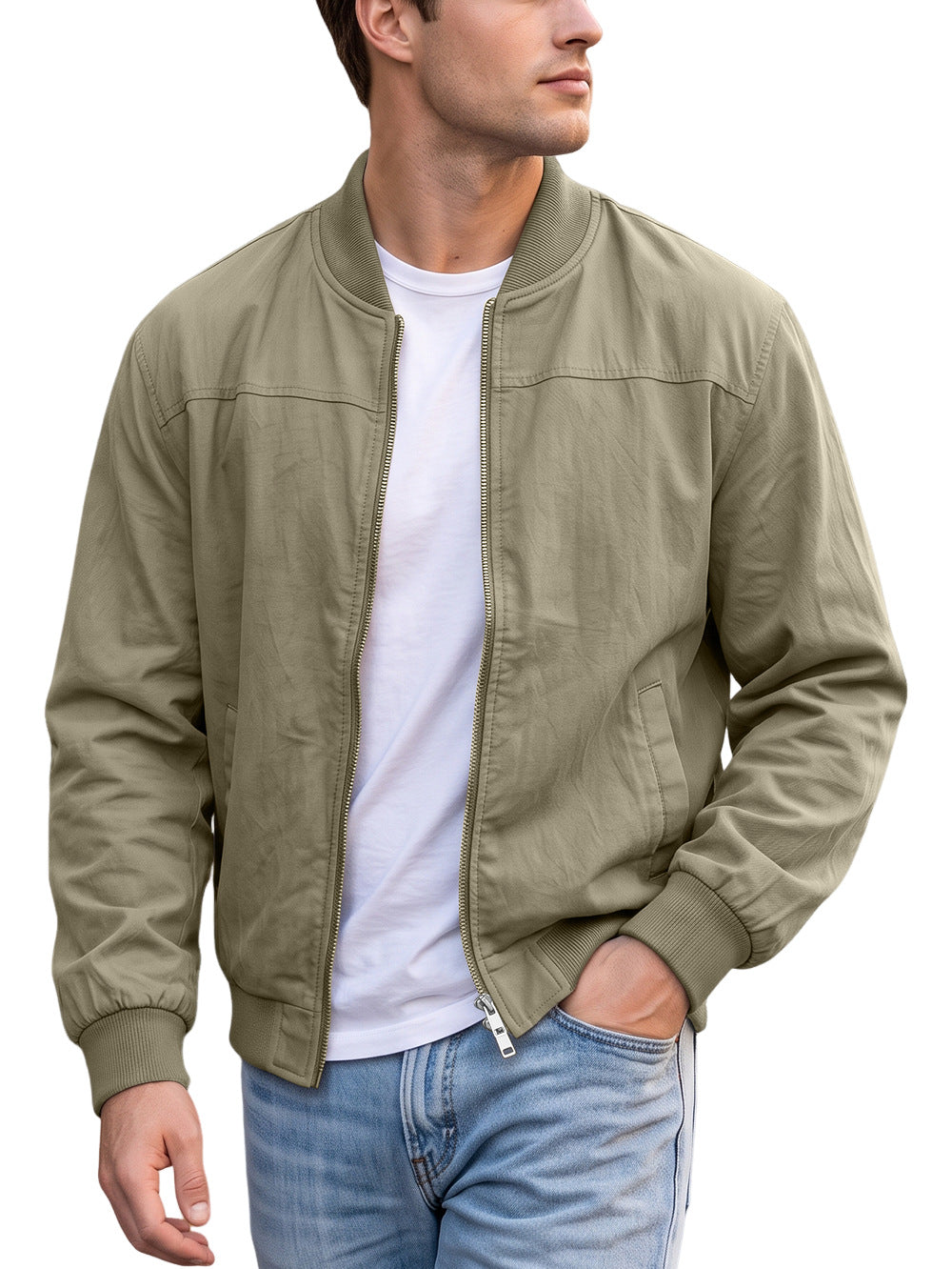 AZUKI men's khaki bomber jacket on an adult model