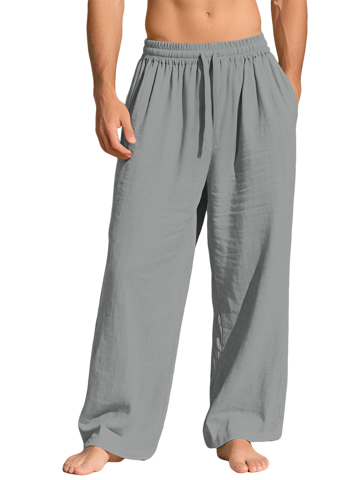 Gray linen-blend relaxed straight-leg drawstring pants, front garment view