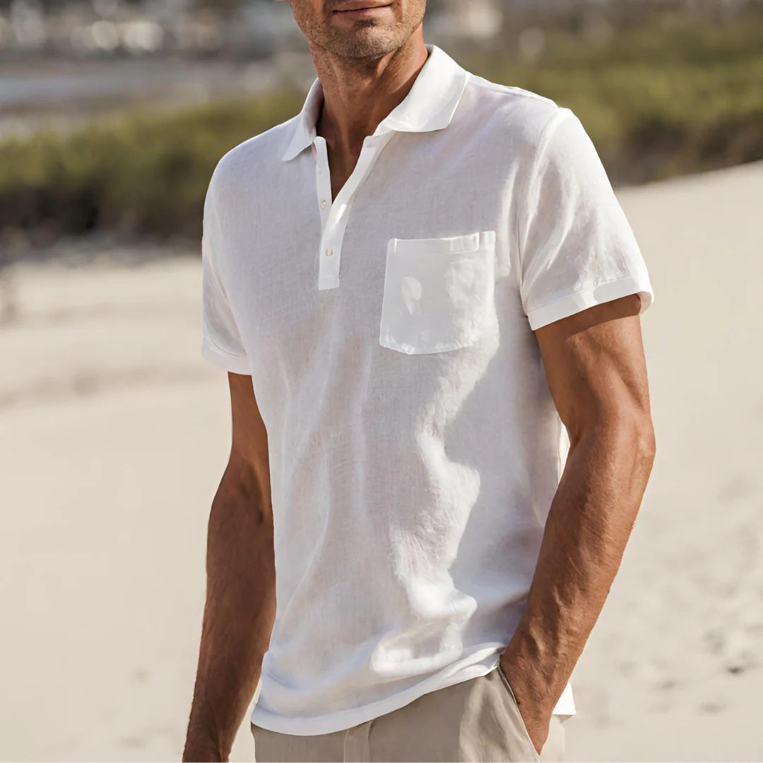 AZUKI Men's Short Sleeve Button-Placket Pocket Polo Shirt - DXP-6-White