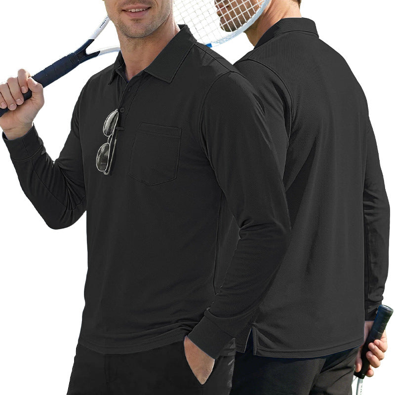 AZUKI long-sleeve birdseye pocket polo - Black front and back