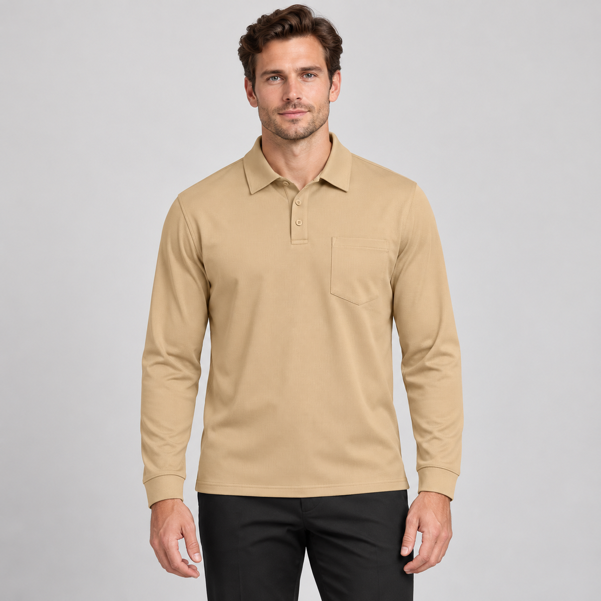 AZUKI khaki long sleeve three-button pocket polo, front model view