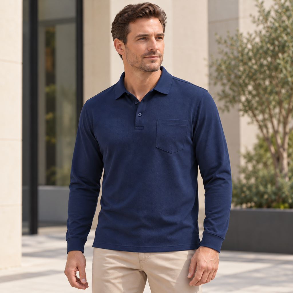 AZUKI navy blue long sleeve pocket polo, three-quarter model view