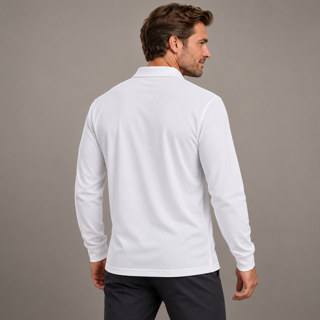 AZUKI white long sleeve polo, rear model view