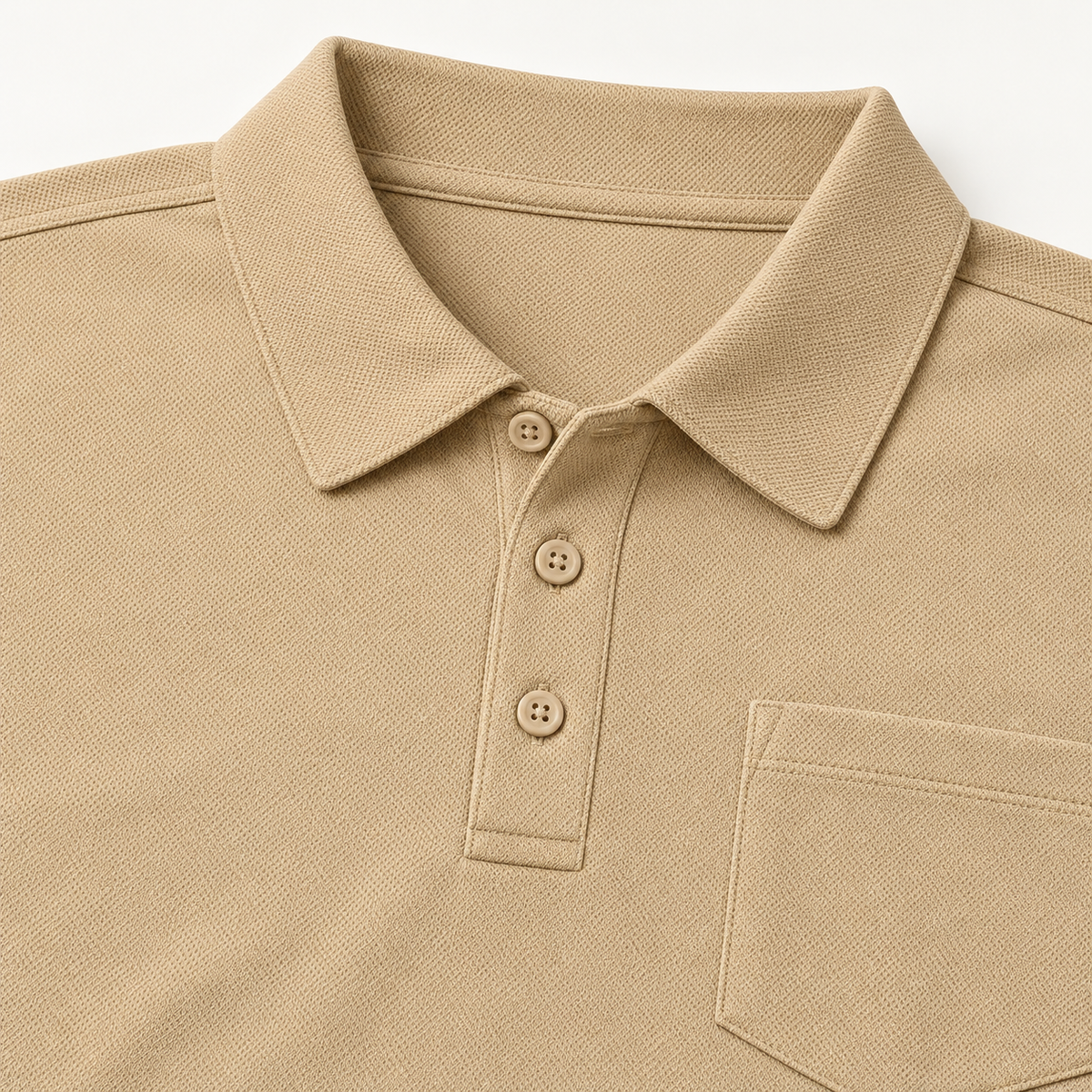 AZUKI khaki three-button polo collar and placket detail