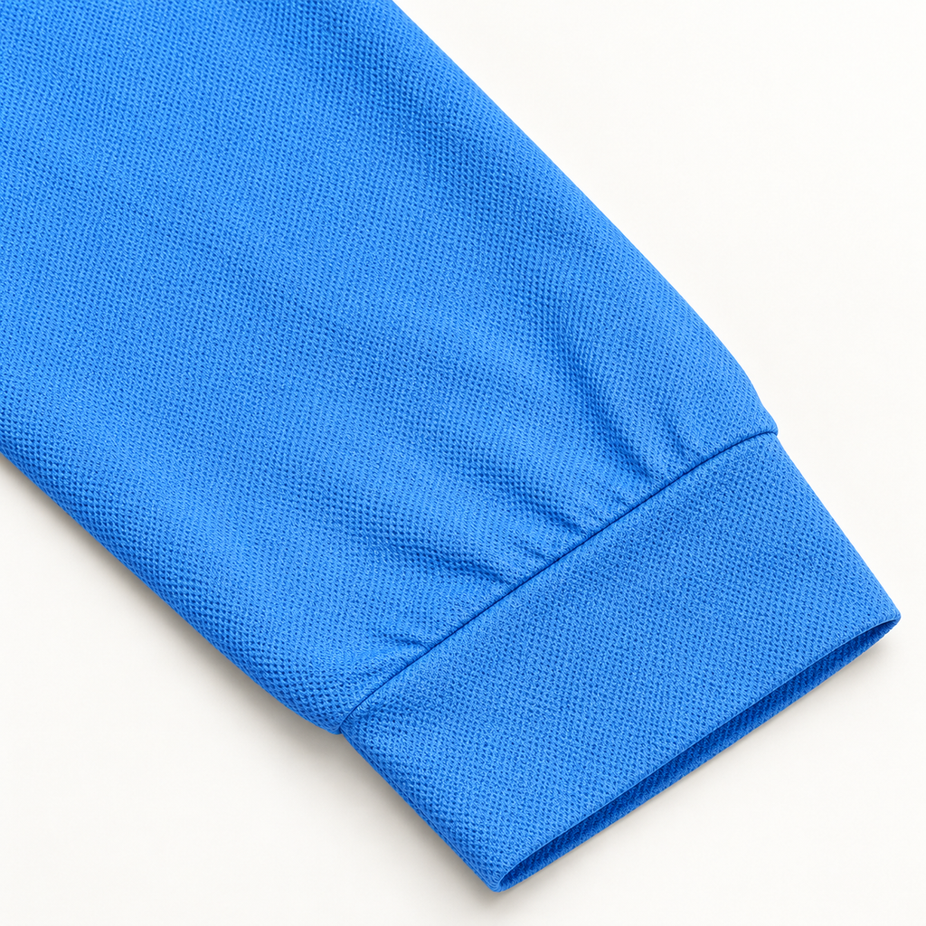 AZUKI blue birdseye polo narrow sleeve cuff detail