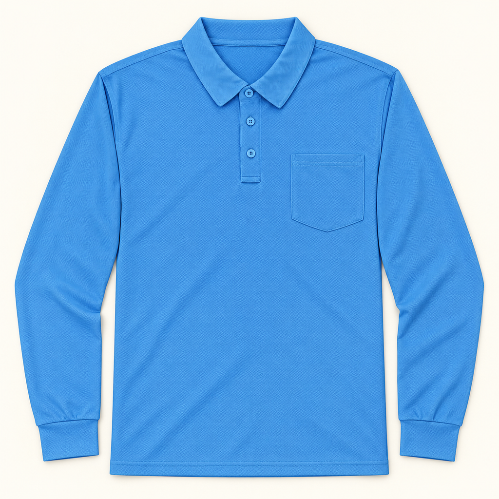 AZUKI blue long sleeve three-button pocket polo, flat lay