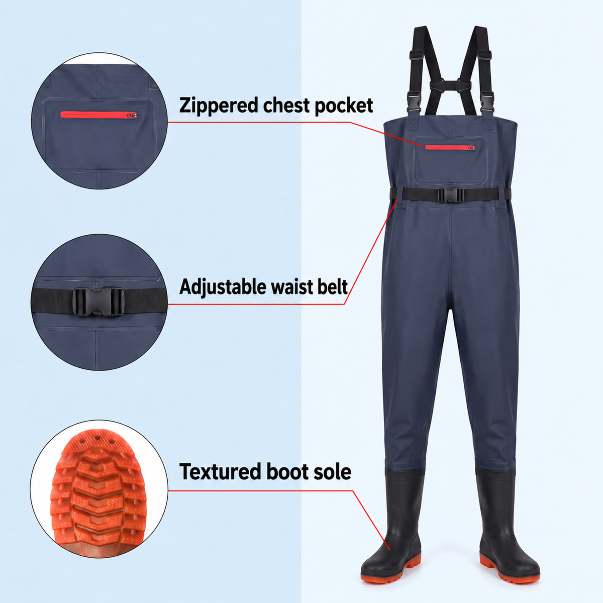 Style-specific chest waders, original supplier style 10; AI-edited English localization preserving the matching garment and details.