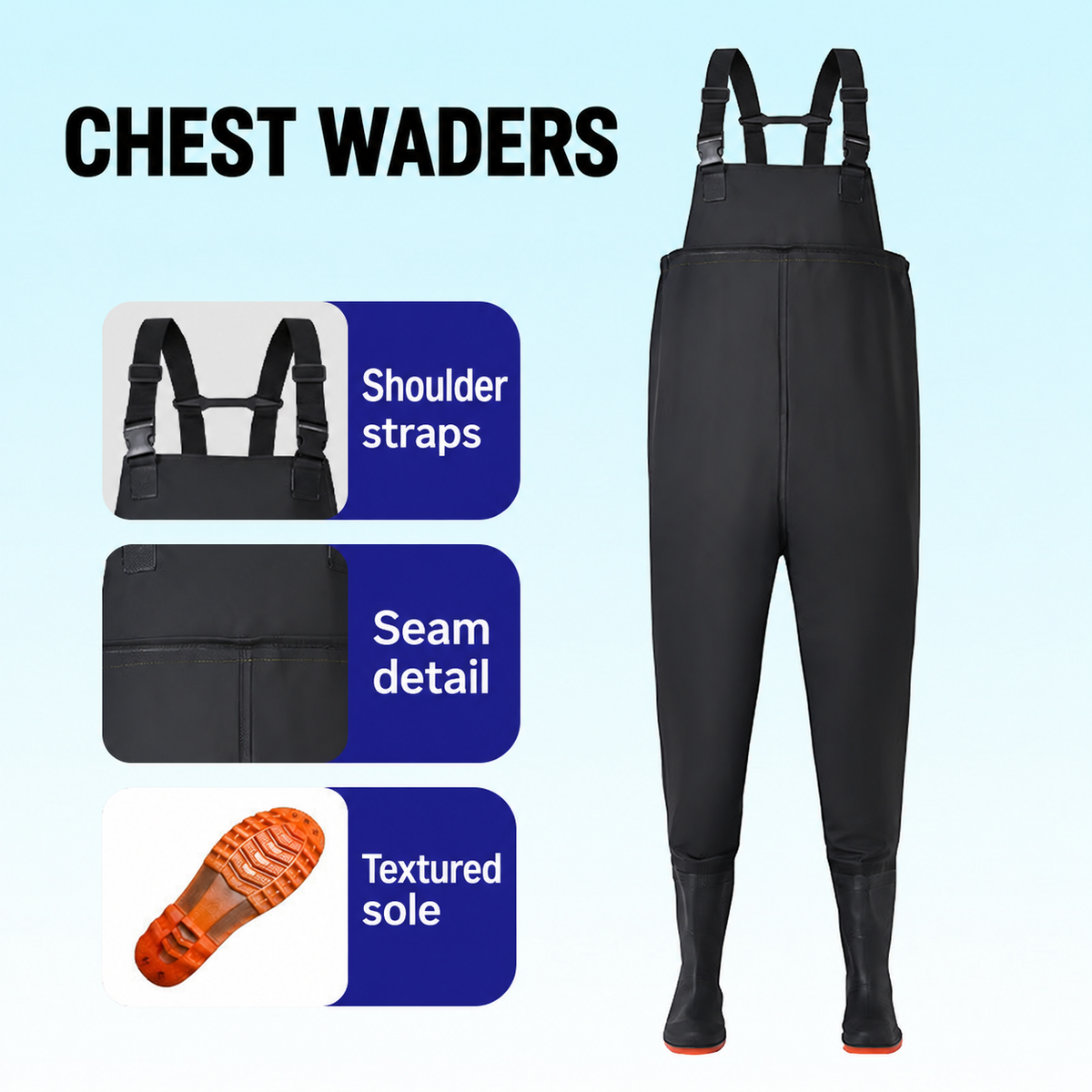Style-specific chest waders, original supplier style 11; AI-edited English localization preserving the matching garment and details.