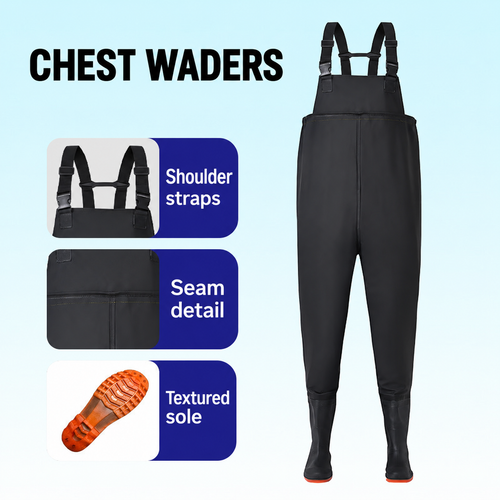 Style-specific chest waders, original supplier style 11; AI-edited English localization preserving the matching garment and details.