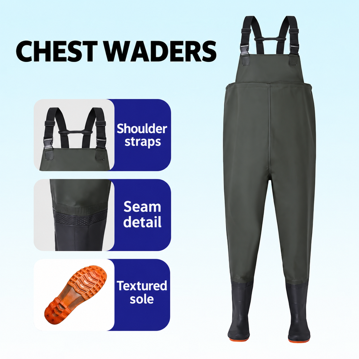 Style-specific chest waders, original supplier style 12; AI-edited English localization preserving the matching garment and details.