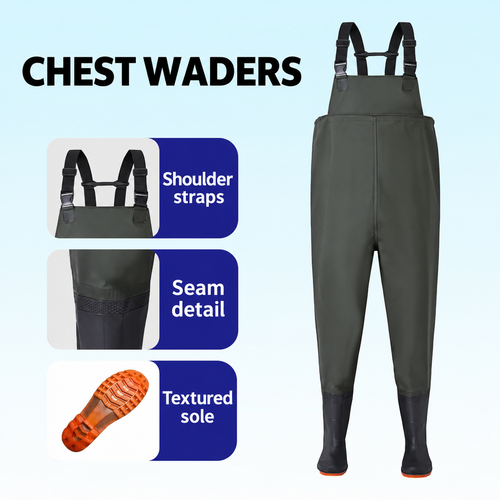 Style-specific chest waders, original supplier style 12; AI-edited English localization preserving the matching garment and details.