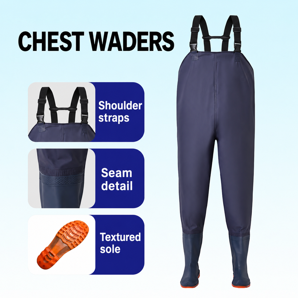 Style-specific chest waders, original supplier style 16; AI-edited English localization preserving the matching garment and details.
