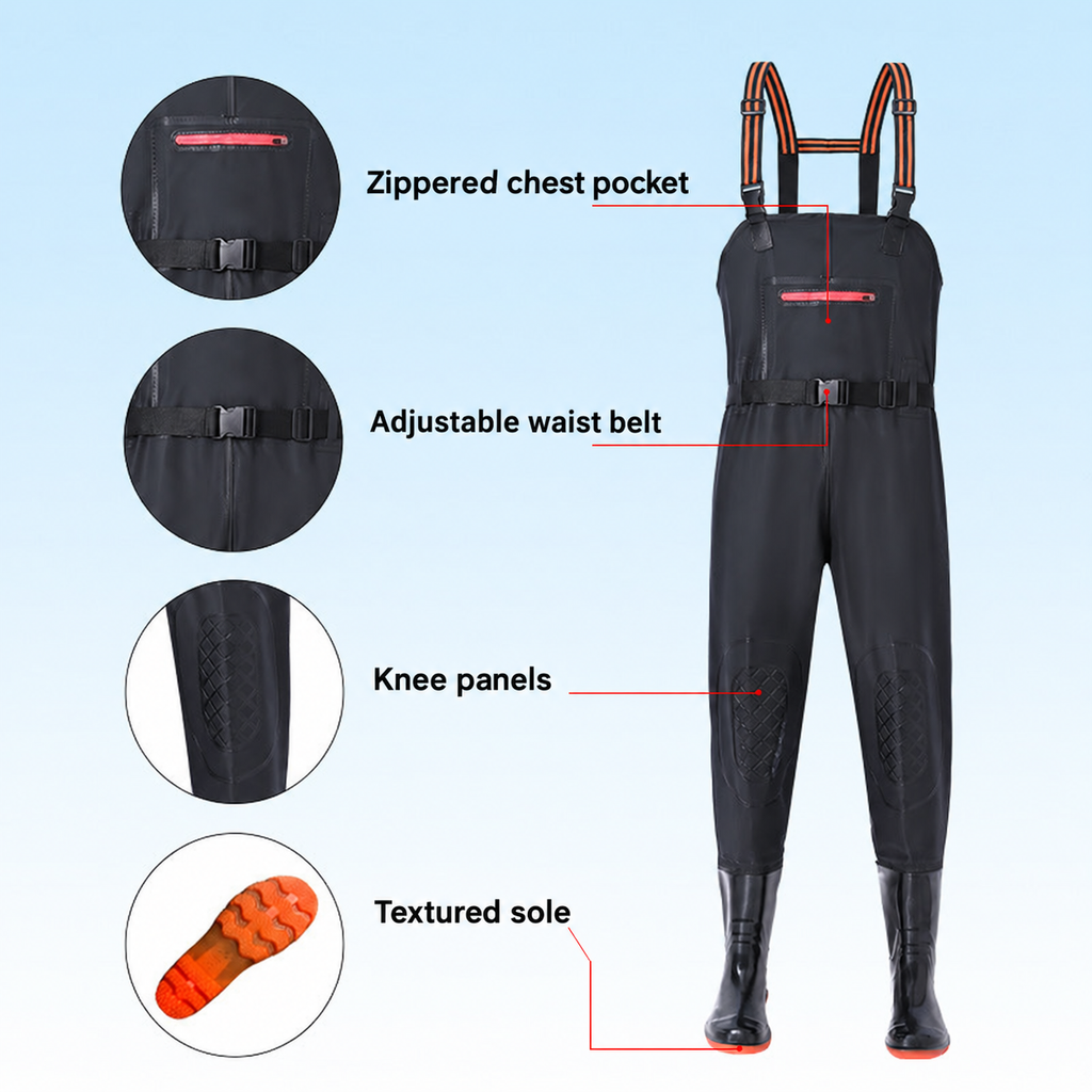 Style-specific chest-high waders, supplier style 20; AI-edited English localization preserving the matching original garment and details.