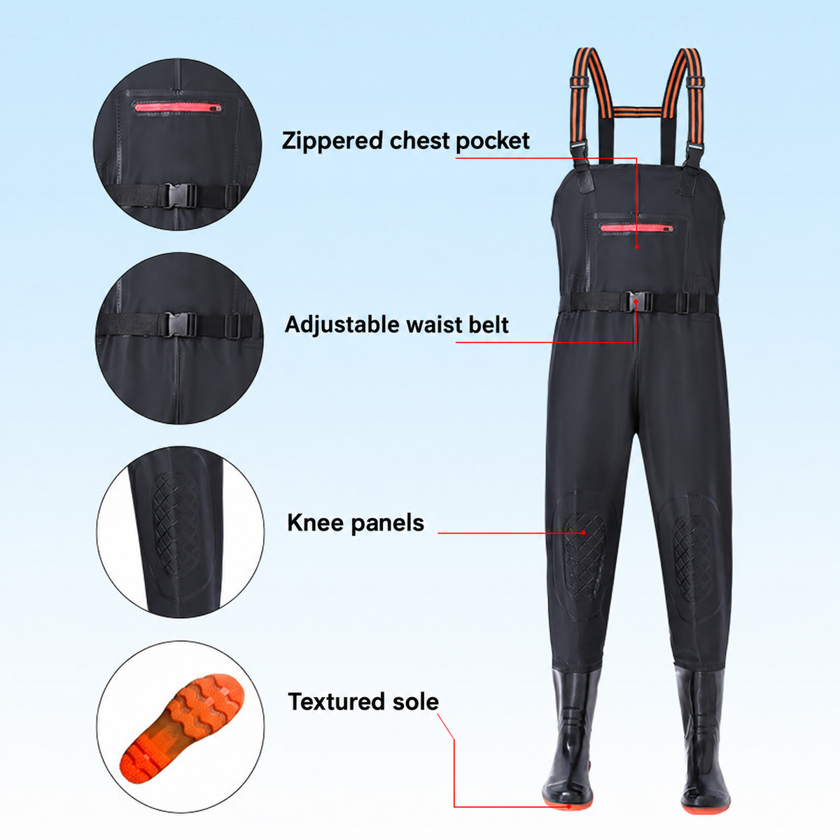 Style-specific chest-high waders, supplier style 20; AI-edited English localization preserving the matching original garment and details.